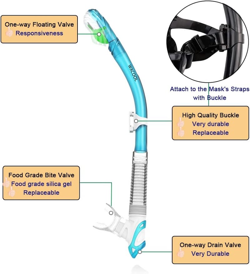 WACOOL Dry Top Snorkel Tube Comfortable Mouthpiece One-Way Purge Valve for Pool Open Water Scuba Lap Swimming Swimmer Training Diving Snorkeling - Image 1
