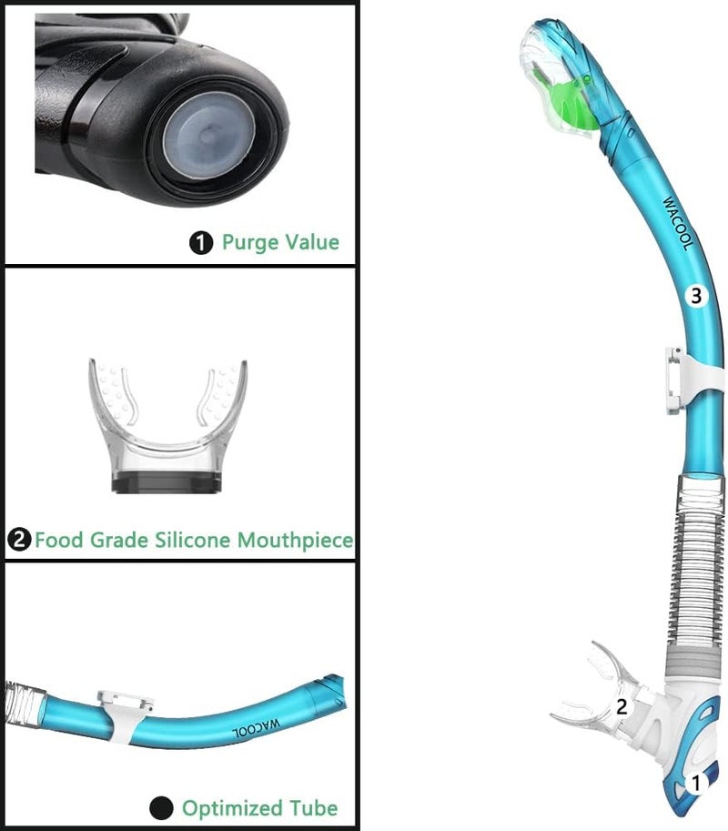 WACOOL Dry Top Snorkel Tube Comfortable Mouthpiece One-Way Purge Valve for Pool Open Water Scuba Lap Swimming Swimmer Training Diving Snorkeling - Image 3