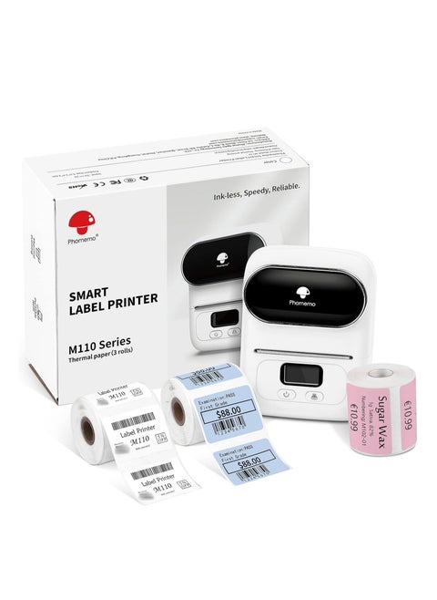 Phomemo M110 Portable Bluetooth Thermal Mini Label Maker Machine, Sticker Maker, Barcode Printer for Clothing, Jewelry, Retail, Mailing, Compatible with Android & iOS System (White)