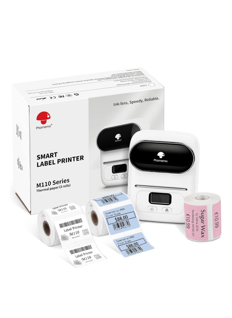 phomemo - Phomemo M110 Portable Bluetooth Thermal Mini Label Maker Machine, Sticker Maker, Barcode Printer for Clothing, Jewelry, Retail, Mailing, Compatible with Android & iOS System (White) - Image 1