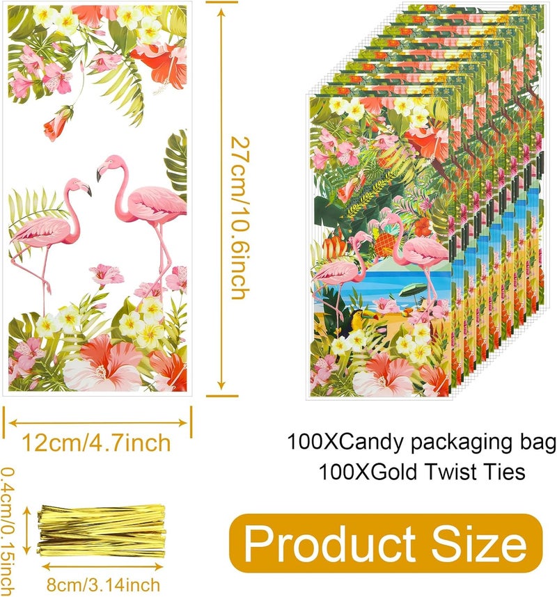 Winterworm 100Pcs Hawaiian Cellophane Treat Bags Summer Beach Tropical Aloha Party Favor Gift Bags Luau Palm Leaves Flamingo Pineapple Candy Goodie Bags with Twist Ties for Hawaiian Birthday Wedding Party Decor - Image 2