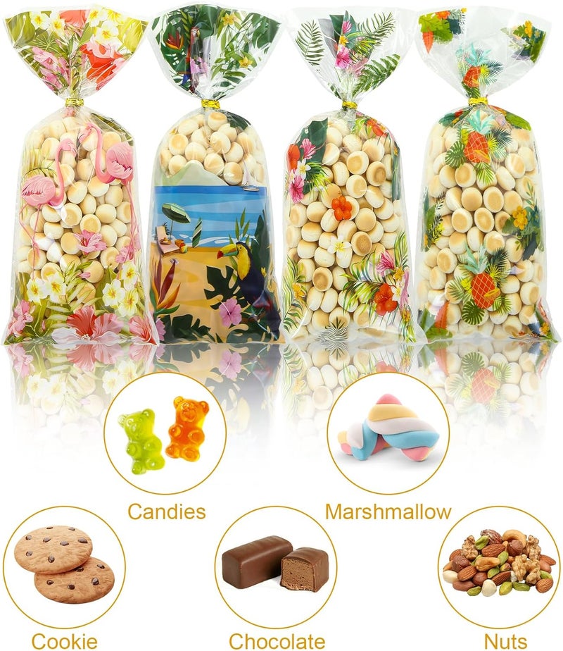 Winterworm 100Pcs Hawaiian Cellophane Treat Bags Summer Beach Tropical Aloha Party Favor Gift Bags Luau Palm Leaves Flamingo Pineapple Candy Goodie Bags with Twist Ties for Hawaiian Birthday Wedding Party Decor - Image 3