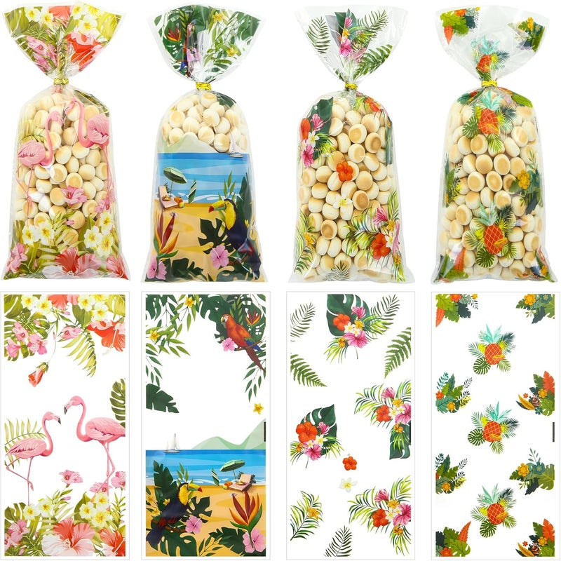 Winterworm 100Pcs Hawaiian Cellophane Treat Bags Summer Beach Tropical Aloha Party Favor Gift Bags Luau Palm Leaves Flamingo Pineapple Candy Goodie Bags with Twist Ties for Hawaiian Birthday Wedding Party Decor - Image 1