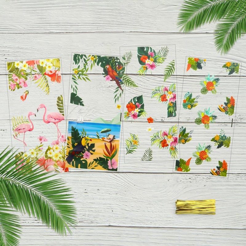 Winterworm 100Pcs Hawaiian Cellophane Treat Bags Summer Beach Tropical Aloha Party Favor Gift Bags Luau Palm Leaves Flamingo Pineapple Candy Goodie Bags with Twist Ties for Hawaiian Birthday Wedding Party Decor - Image 4