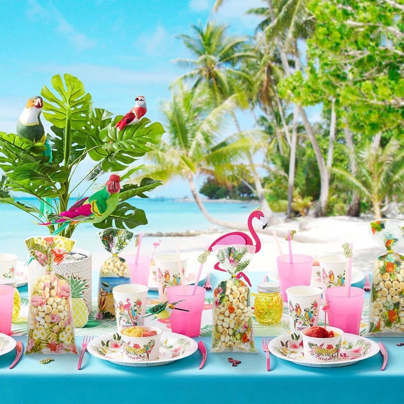 Winterworm 100Pcs Hawaiian Cellophane Treat Bags Summer Beach Tropical Aloha Party Favor Gift Bags Luau Palm Leaves Flamingo Pineapple Candy Goodie Bags with Twist Ties for Hawaiian Birthday Wedding Party Decor - Image 5