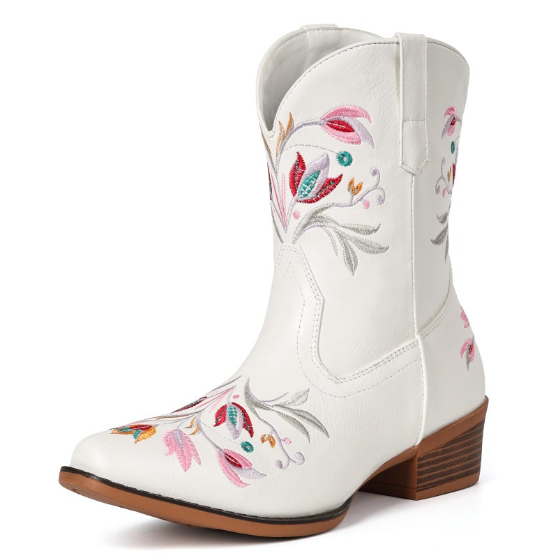 Fioralie Cowboy Boots for Women Western Flower Embroidered Ankle Cowgirl Boots Snip Toe Chunky Heel Stitched Retro Classic Boot Botas - Image 1