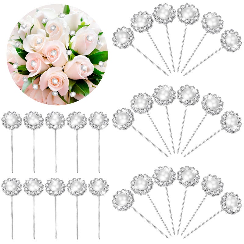 Henoyso 36 Pack Diamond Pins for Bouquets Flower Diamond Head Corsage Boutonniere Pins Rhinestone Crystal Floral for Wedding Bridal FlowerPearl Style