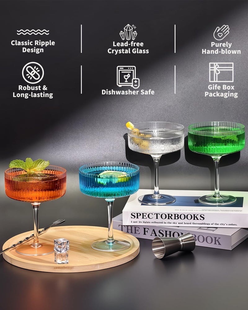 CL FUN 4 Pcs Coupe Glasses, Hand Blown 10 oz Cocktail Glasses, Ribbed Glasses, Gift Boxed Drinking Glass Set, Pefect Gift for Christmas, Espresso Martini, Manhattan, Wine, Champagne Martini Glasses Set of 4 - Image 4