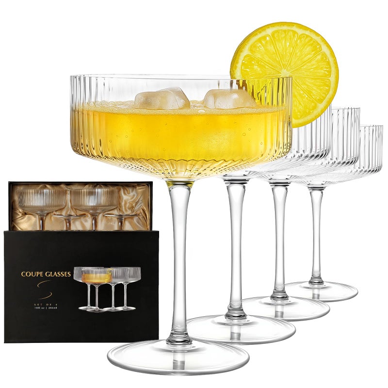 CL FUN 4 Pcs Coupe Glasses, Hand Blown 10 oz Cocktail Glasses, Ribbed Glasses, Gift Boxed Drinking Glass Set, Pefect Gift for Christmas, Espresso Martini, Manhattan, Wine, Champagne Martini Glasses Set of 4 - Image 1