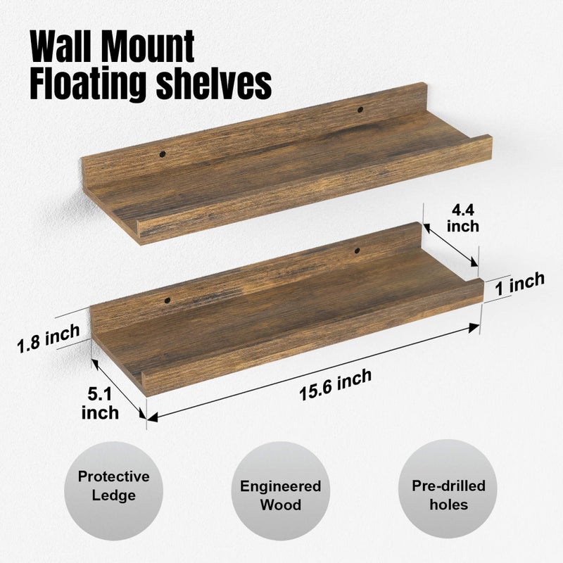 Boswillon Floating Shelves for Wall, Wall Mounted Shelves Set of 2, Rustic Shelves with Lip, Display Picture Ledge Shelf for Wall Decor Living Room Bathroom Kitchen - Brown - Image 2