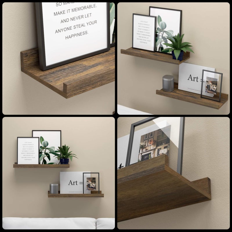 Boswillon Floating Shelves for Wall, Wall Mounted Shelves Set of 2, Rustic Shelves with Lip, Display Picture Ledge Shelf for Wall Decor Living Room Bathroom Kitchen - Brown - Image 3
