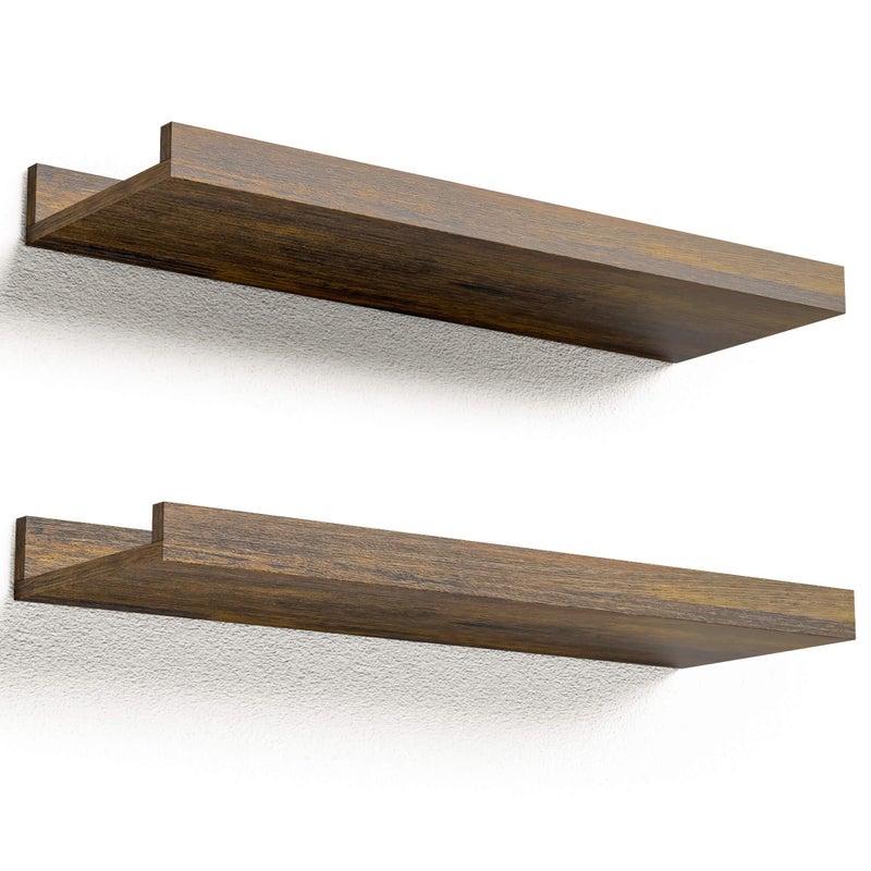 Boswillon Floating Shelves for Wall, Wall Mounted Shelves Set of 2, Rustic Shelves with Lip, Display Picture Ledge Shelf for Wall Decor Living Room Bathroom Kitchen - Brown - Image 1