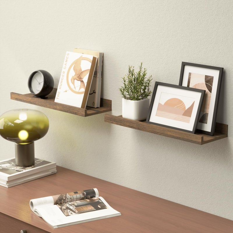 Boswillon Floating Shelves for Wall, Wall Mounted Shelves Set of 2, Rustic Shelves with Lip, Display Picture Ledge Shelf for Wall Decor Living Room Bathroom Kitchen - Brown - Image 4