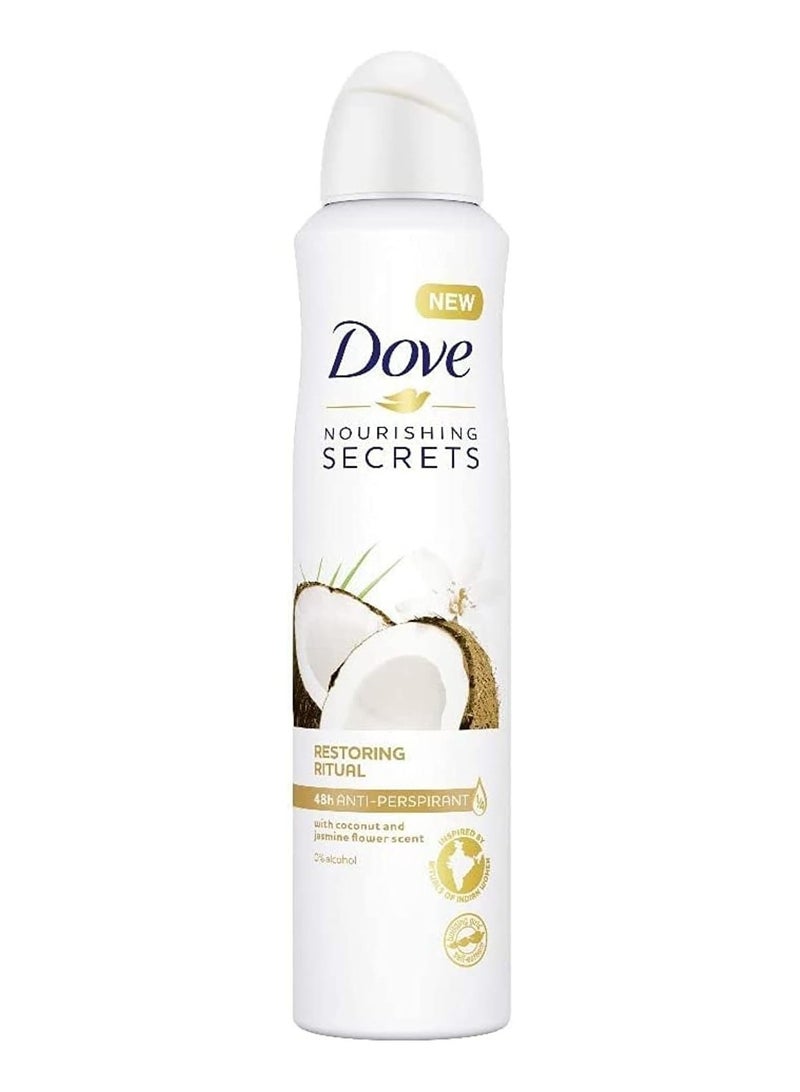 دوف مزيل عرق دوف للنساء، بخاخ للجسم مضاد للتعرق لحماية طويلة الأمد من الروائح، لطيف على البشرة، خالٍ من الكحول والبارابين، 250 مل (زهرة جوز الهند والياسمين)