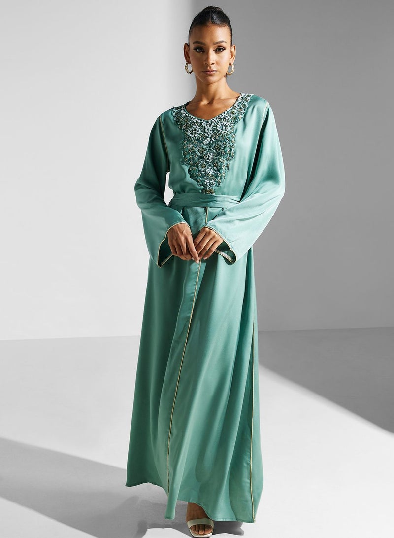 Khizana Embroidered Satin Kaftan Dress - Image 1