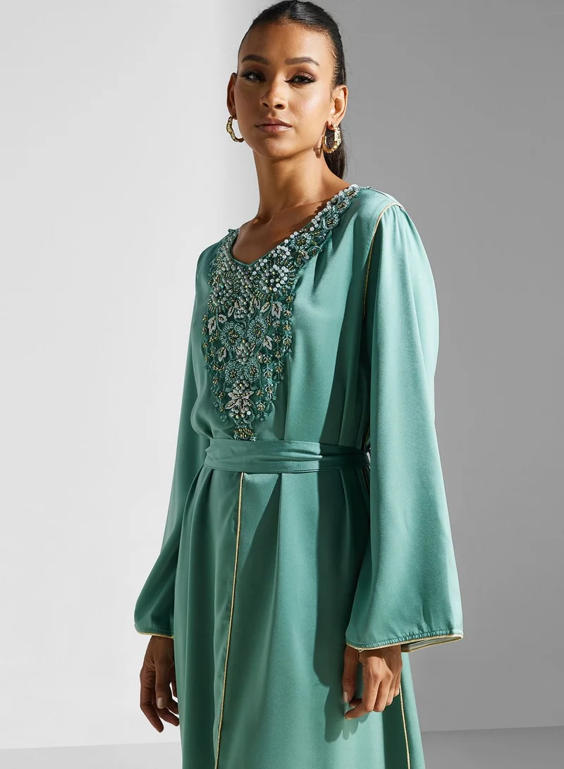 Khizana Embroidered Satin Kaftan Dress