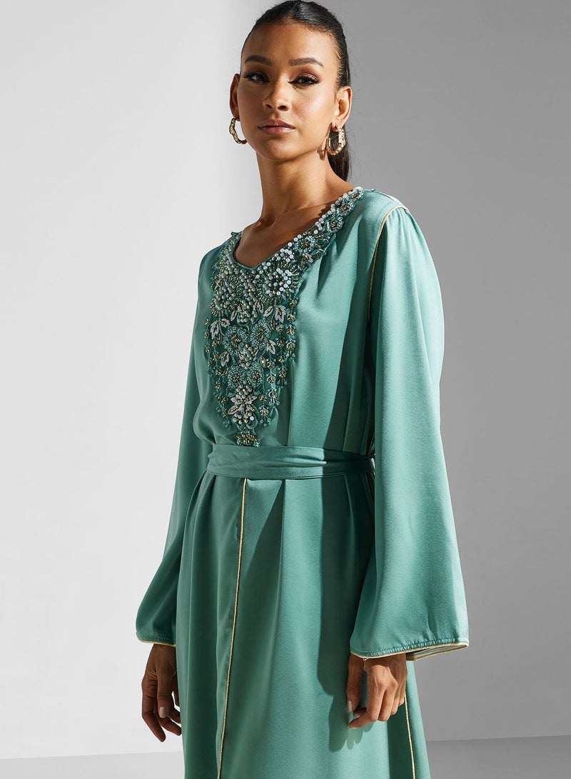 Khizana Embroidered Satin Kaftan Dress - Image 3