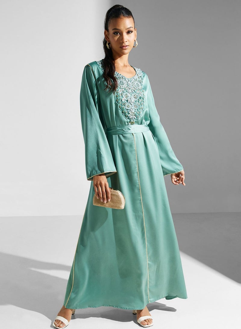 Khizana Embroidered Satin Kaftan Dress - Image 4