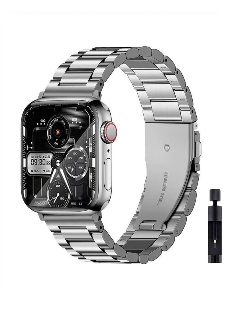 شيك فايب متوافق مع سوار ساعة أبل مقاسات 44 مم، 45 مم، 49 مم، 42 مم، 46 مم، سوار ساعة أبل من الفولاذ المقاوم للصدأ للرجال والنساء، مناسب لساعات أبل ألترا 3/ألترا 2/ألترا 49 مم، S11/S10 46 مم، S9/S8/S7 45 مم، SE3/SE2/SE/S6/S5/S4 44 مم، S3/S2/S1 42 مم، فضي اللون - Image 1