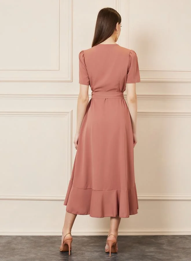 Styli Ruffle Hem A-Line Midi Wrap Dress