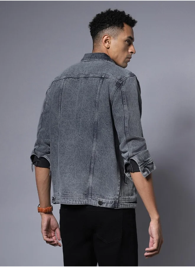 هاي ستار Men Grey Solid Denim Jacket