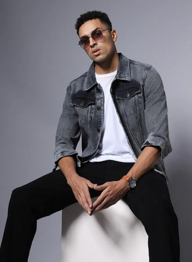 HIGH STAR Men Grey Solid Denim Jacket
