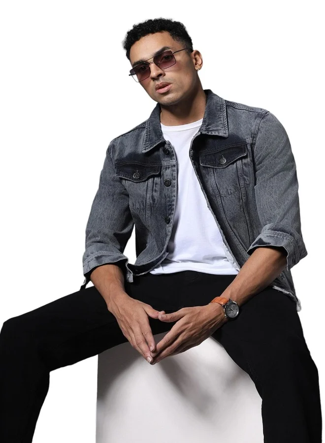 HIGH STAR Men Grey Solid Denim Jacket