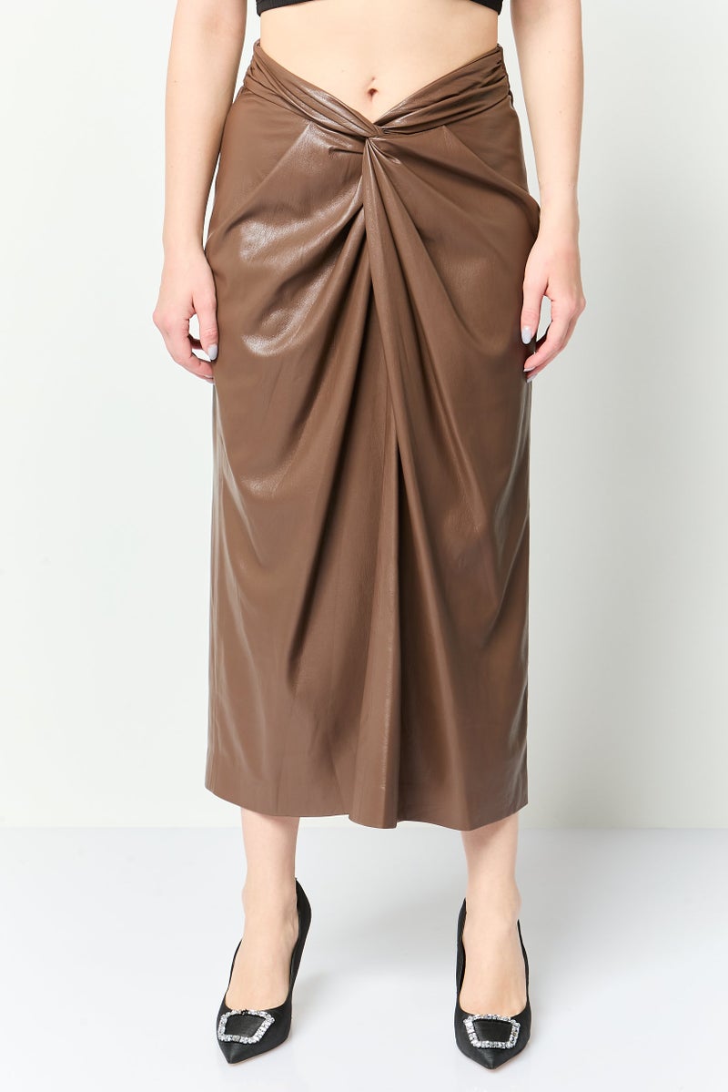 MSGM Women Solid Midi Skirt, Coffee Brown - Image 1