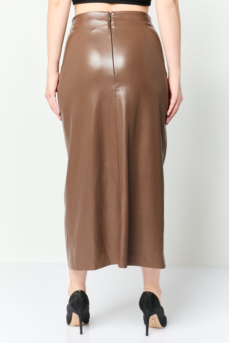 MSGM Women Solid Midi Skirt, Coffee Brown - Image 4
