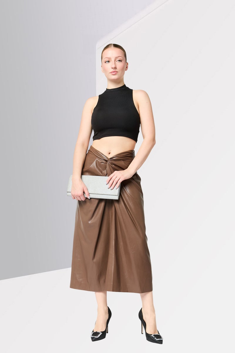 MSGM Women Solid Midi Skirt, Coffee Brown - Image 2