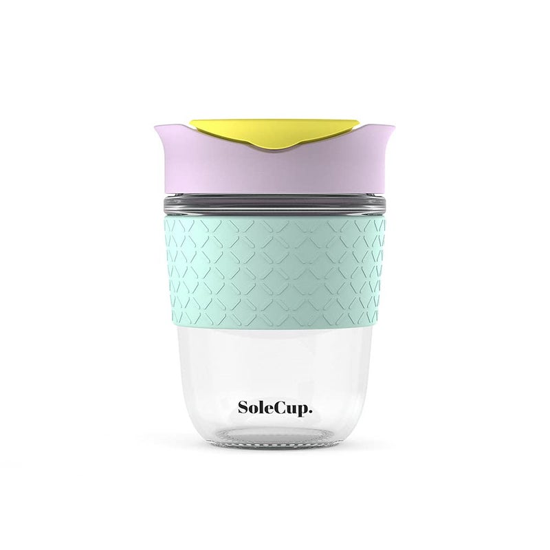 SoleCup. - Reusable Strengthened Glass Travel Cup - Spill Proof Coffee Mug - 12oz/340ml BPA-Free Hot Drink Travel Mug with Lid & Silicone Band (Ice Cream, 12oz) - Image 1
