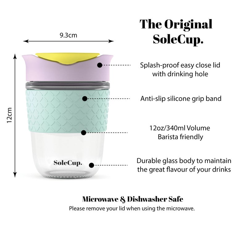 SoleCup. - Reusable Strengthened Glass Travel Cup - Spill Proof Coffee Mug - 12oz/340ml BPA-Free Hot Drink Travel Mug with Lid & Silicone Band (Ice Cream, 12oz) - Image 2