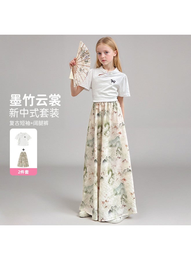 Bumblebee Girl's Outfit Summer 2025 New Trendy Kids Wide-leg Pants Chinese Style Lightweight Big Girl's Culottes - Image 2
