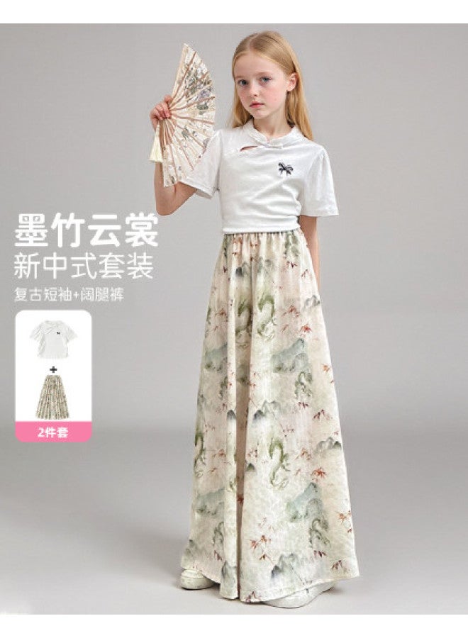 Bumblebee Girl's Outfit Summer 2025 New Trendy Kids Wide-leg Pants Chinese Style Lightweight Big Girl's Culottes - Image 1