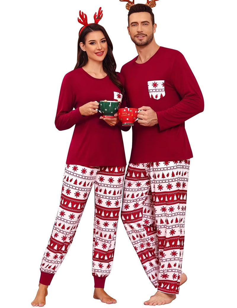 YOZLY Couples Matching Pajamas Sets Family Christmas Plaid Pajamas for Men Women Festival Party Pjs Set Wine Red Tree XLarge Women - Image 2