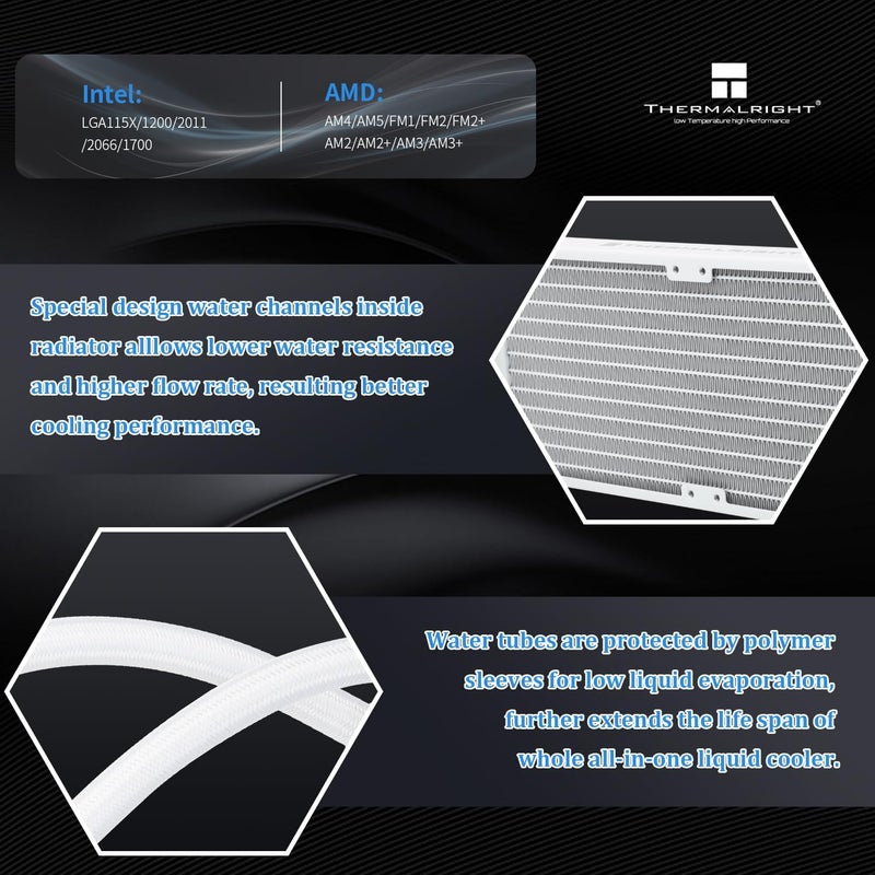Thermalright Frozen Notte 240 WHITE ARGB Water Cooling CPU Cooler, 240 White CPU Cooler Specifications, Double PWM Fans, S-FDB V2 Bearings, Suitable for AMD/AM4 AM5, Intel LGA 1700/1150/1151/1200/2011 - Image 3