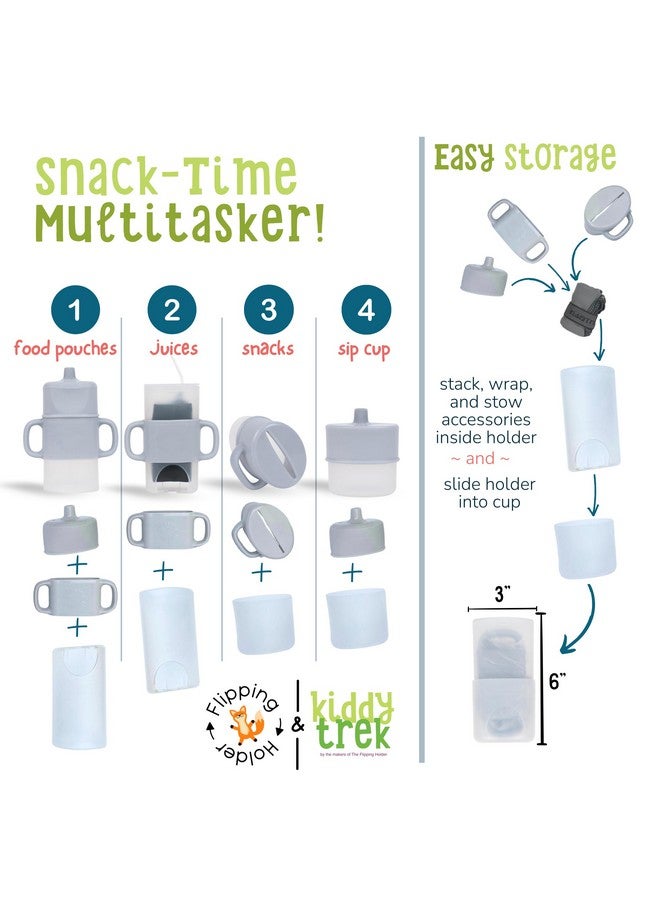 Flipping Holder 4-in-1 KiddyTrek Sip & Snack Set - Travel Food Pouch Holder, Juice Box Holder, Snack Cup, and Sippy for Babies, Toddlers, Kids (Sip & Snack Set, Gray) - Image 3