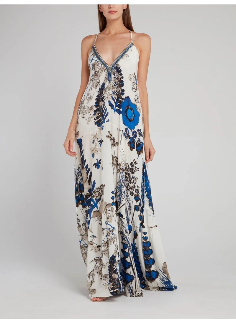 roberto cavalli Floral Print Flounce Maxi Dress