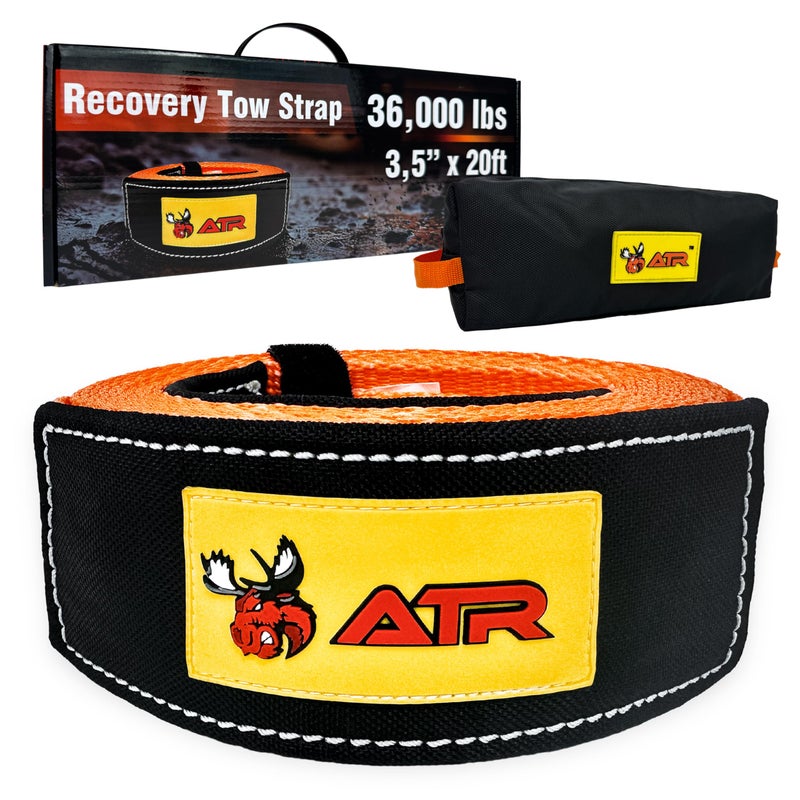ATR Recovery Tow Strap 3.5" x 20ft â€“ 36,000 lbs Break Strength, Heavy Duty Snatch Strap for Truck, SUV, UTV, Off-Road Pulling, Tow Rope with Storage Bag - Image 1