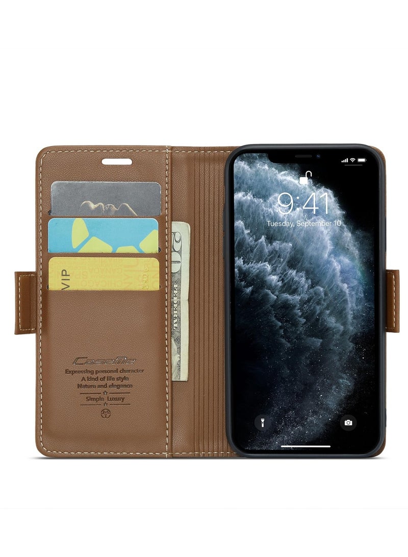 CaseMe Phone Case Luxury PU Leather Design Anti Fingerprint 023 Flip Cover Card Slot Holder Cover For Iphone 11 Pro Max (Brown) - Image 4
