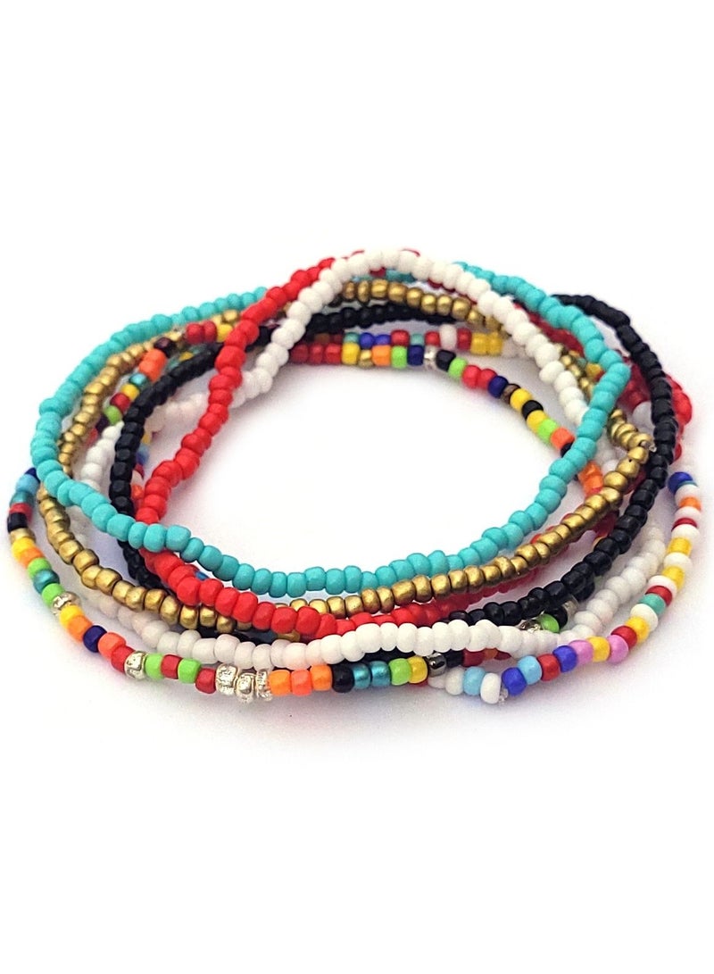 Alwan Set of 7 Different Color Beaded Medium Size Elastic Anklets for Women - Image 1