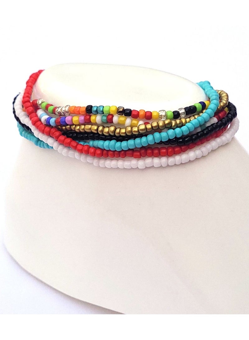 Alwan Set of 7 Different Color Beaded Medium Size Elastic Anklets for Women - Image 3
