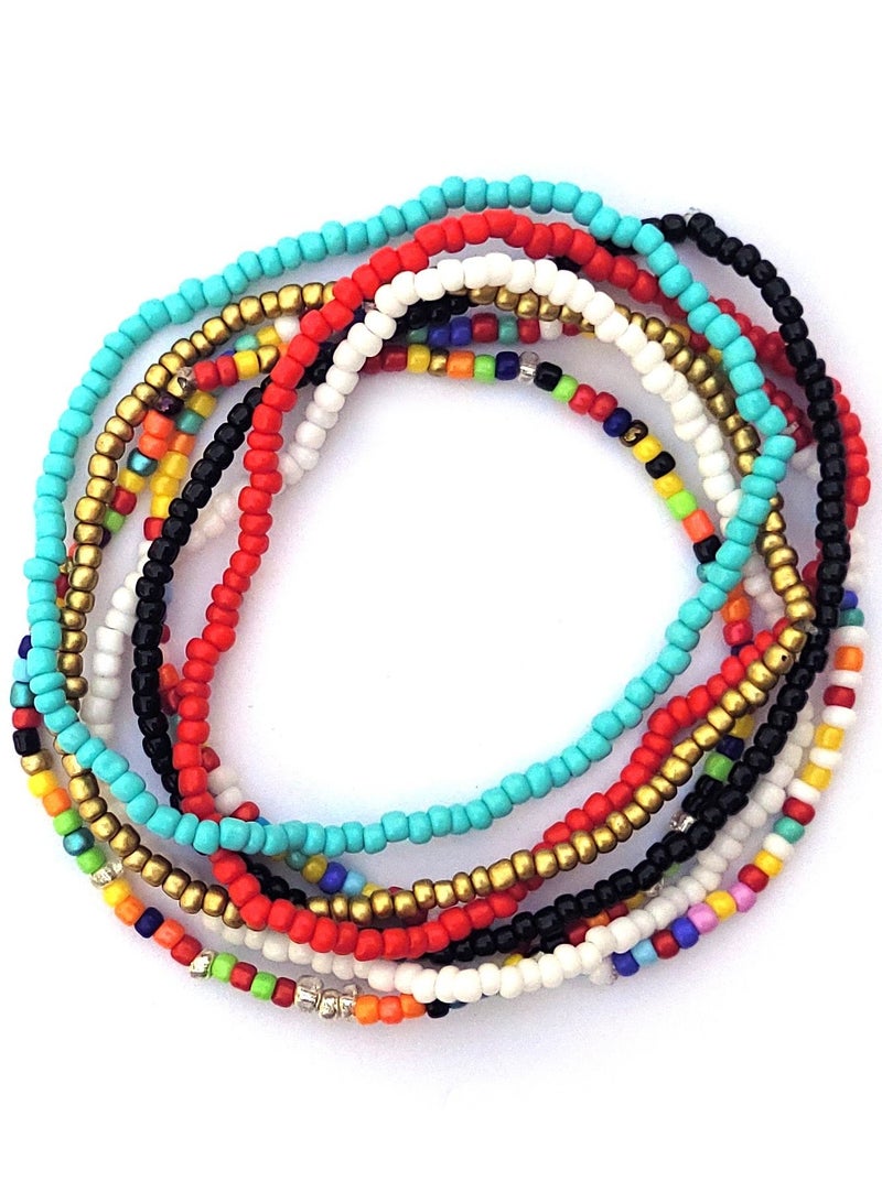 Alwan Set of 7 Different Color Beaded Medium Size Elastic Anklets for Women - Image 2
