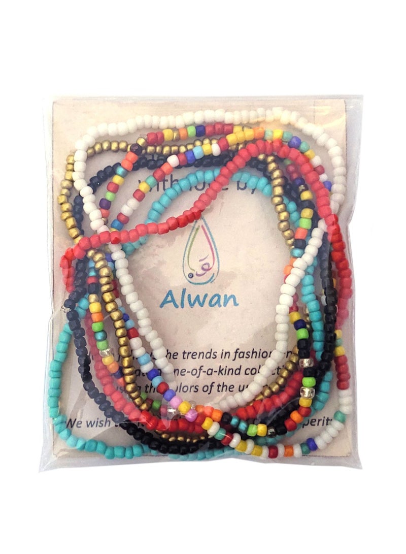 Alwan Set of 7 Different Color Beaded Medium Size Elastic Anklets for Women - Image 4