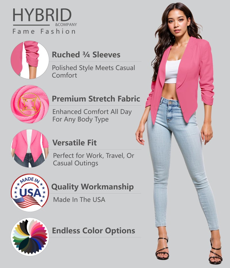 Hybrid & Company Lightweight Open Front Cardigan Classic Ruched Sleeve Work Office Blazer Suit Jackets JK1133 NEON Pink XLarge - Image 3