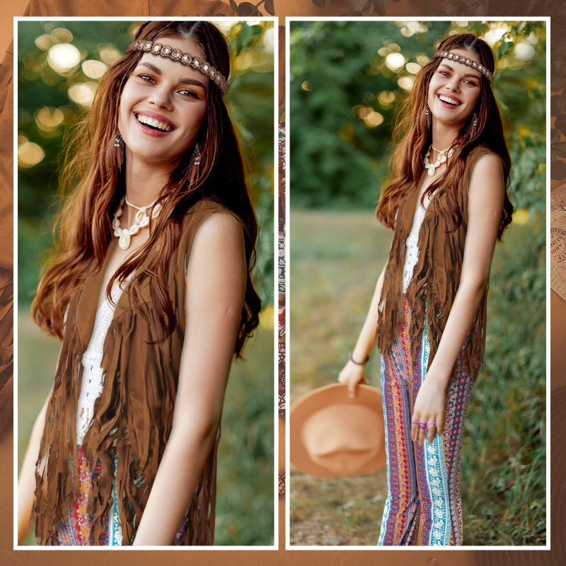 Leumoi 5 Pcs 60s 70s Costume for Women Disco Outfits Hippie Accessories Fringe Vest Boho Flared Pant for Mardi Gras Carnival (Medium,Brown) - Image 2