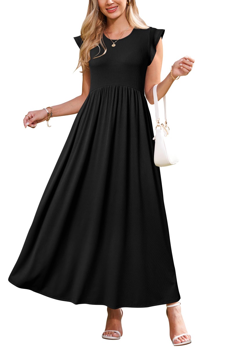 OUGES Maternity Dress for Baby Shower Photoshoot Summer Casual Ruffle Sleeve Maxi Dress with Pockets(Black,M) - Image 1