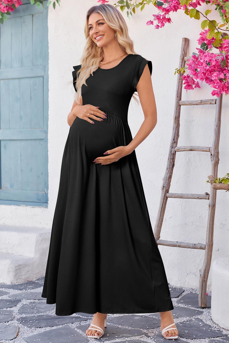 OUGES Maternity Dress for Baby Shower Photoshoot Summer Casual Ruffle Sleeve Maxi Dress with Pockets(Black,M) - Image 2
