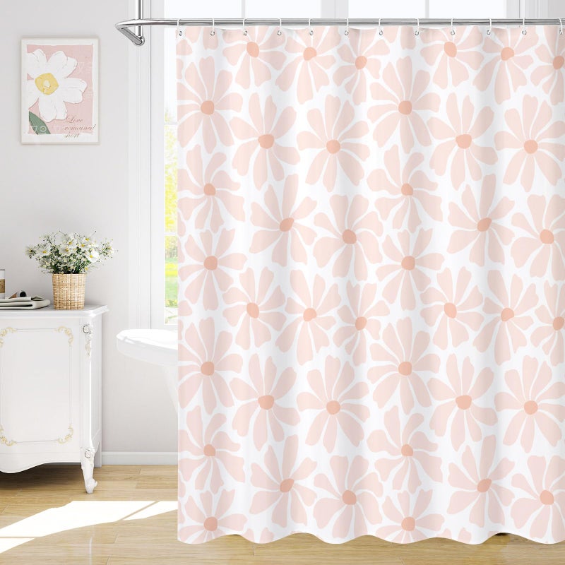 Litabel Blush Pink Daisy Floral Shower Curtain, Boho Spring Flower Shower Curtain for Girly Bathroom, Modern Minimalist White Waterproof Fabric Shower Curtain Set, 72x72 Inch - Image 1