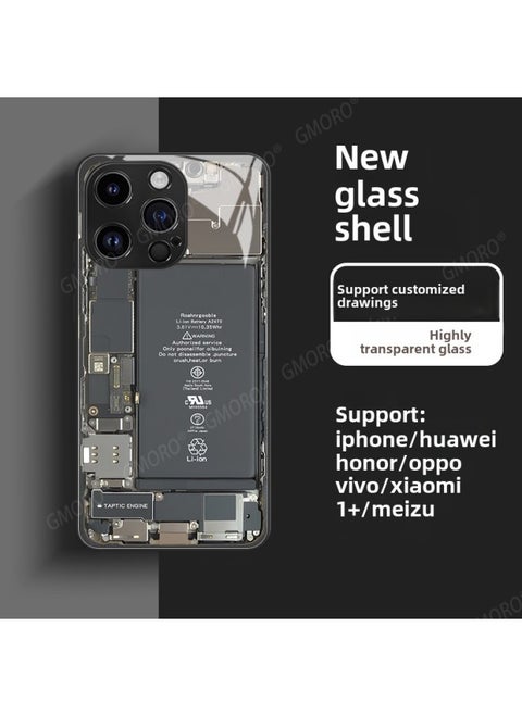 Circuit Board Phone Case For 13 14promax Creative 12 Cool 15 Model Glass Case Funny Digital Computer IPhone Protective Cover-Color:High Permeability Glass Shell-Graphite Black -1039-Applicable Model